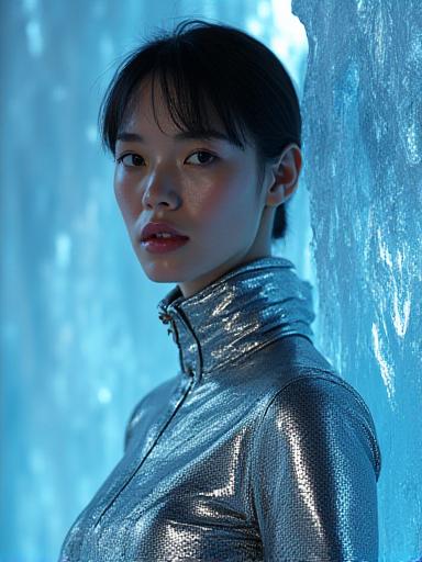 Avant-garde fashion editorial against blue ice wall