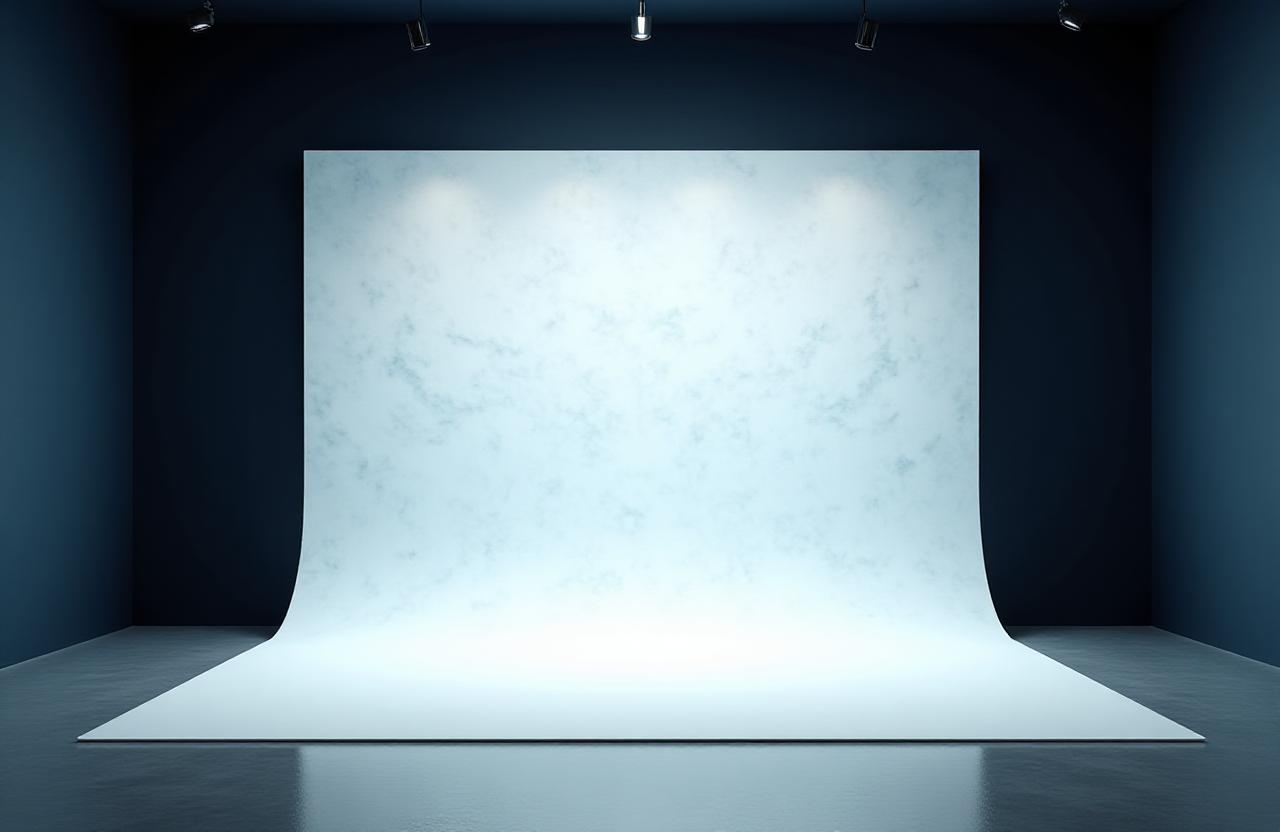 Wide shot of Glacify Studios interior featuring the textured glacier cyclorama wall