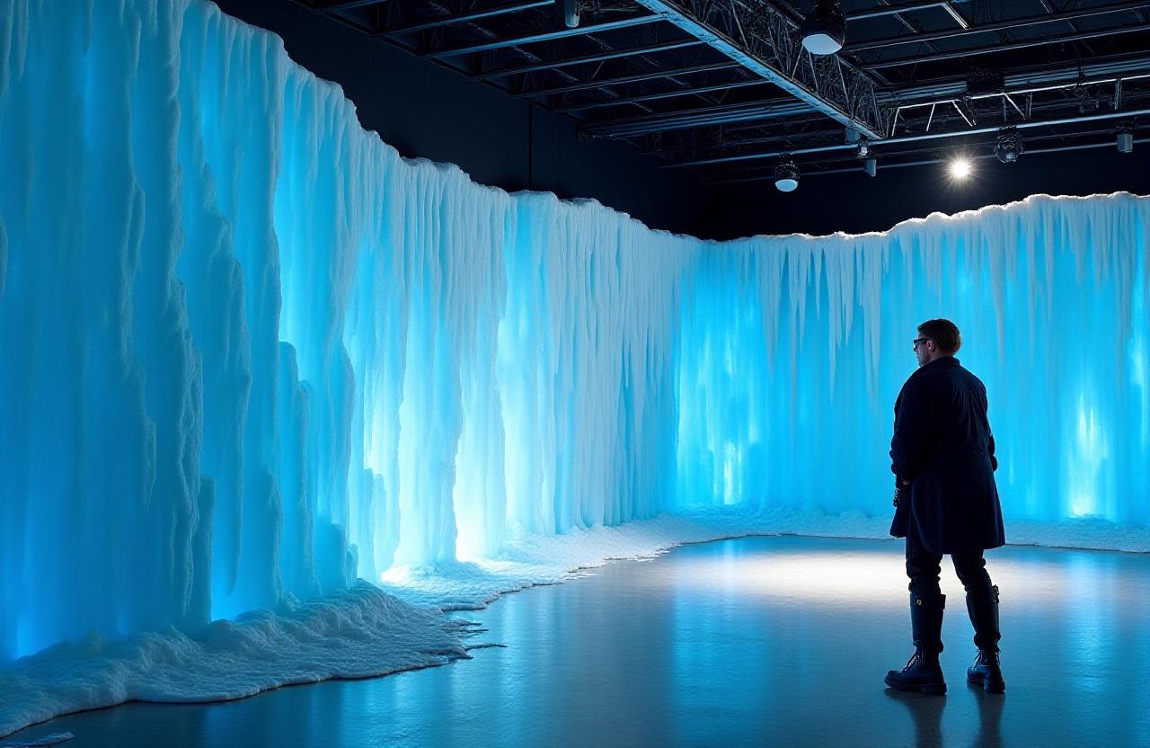 Creative fashion shoot with a realistic ice mountain backdrop in a Brooklyn studio