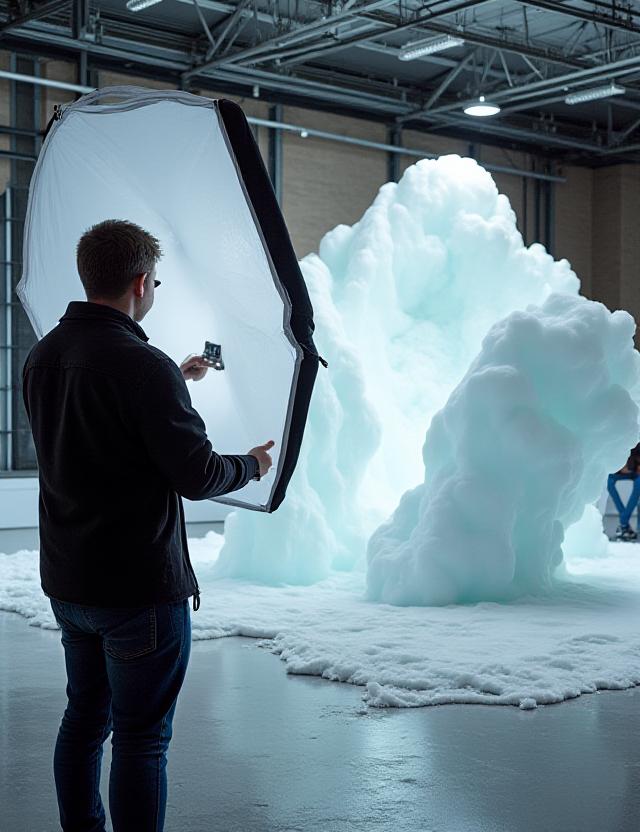 Photographer adjusting a softbox near a large glacier-themed set construction