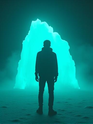 Cinematic still from a music video featuring glacial lighting