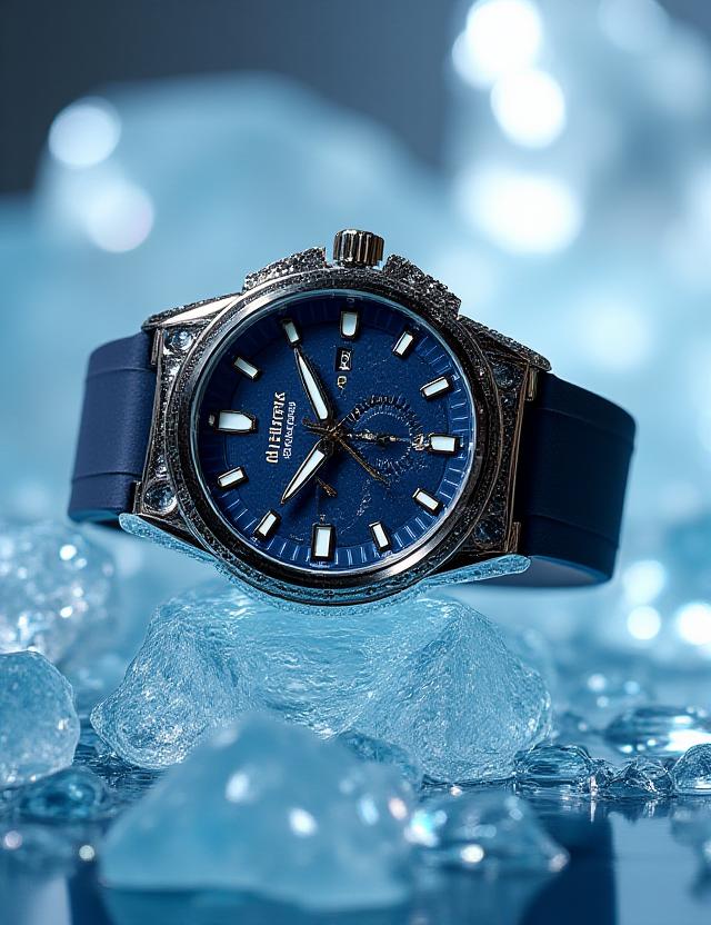 Premium watch resting on a real shard of sculpted ice with macro detail